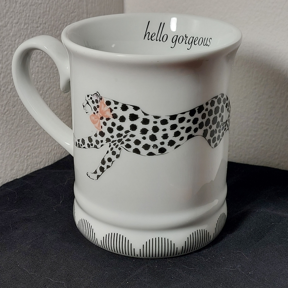Hello Gorgeous Coffee Mug Cheetah Black & White with Pink Bow